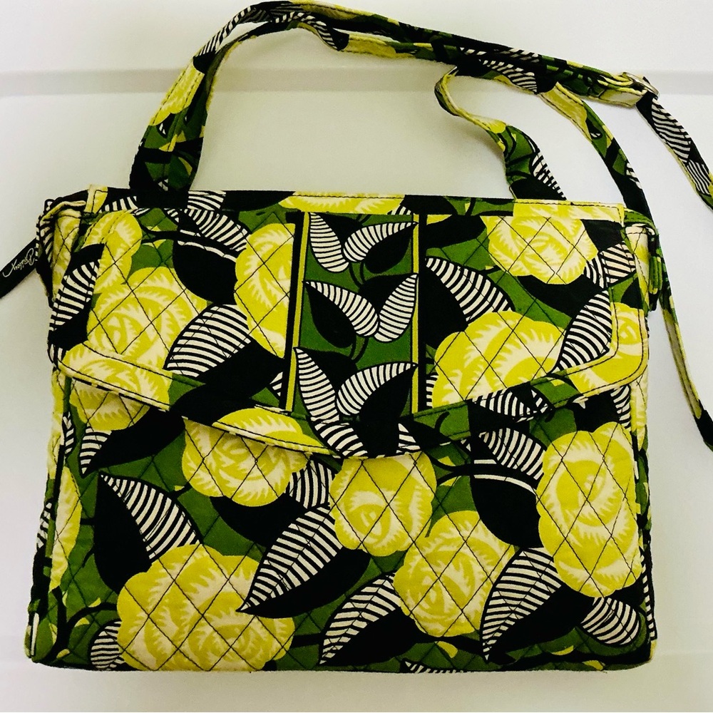Vera Bradley Lemon Yellow Lime Green Retired Floral Crossbody Shoulder iPad Bag
